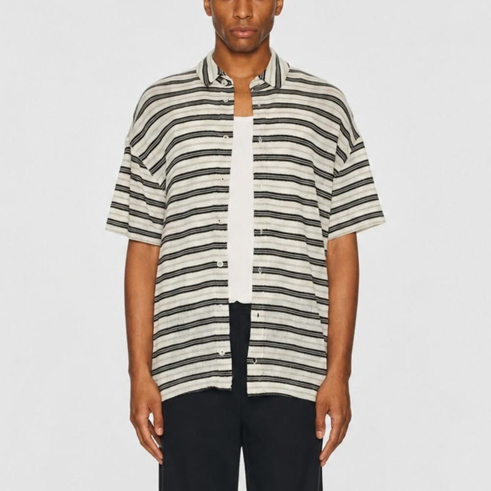 All saints Jackson SS Shirt open knit cotton blend striped sz XL